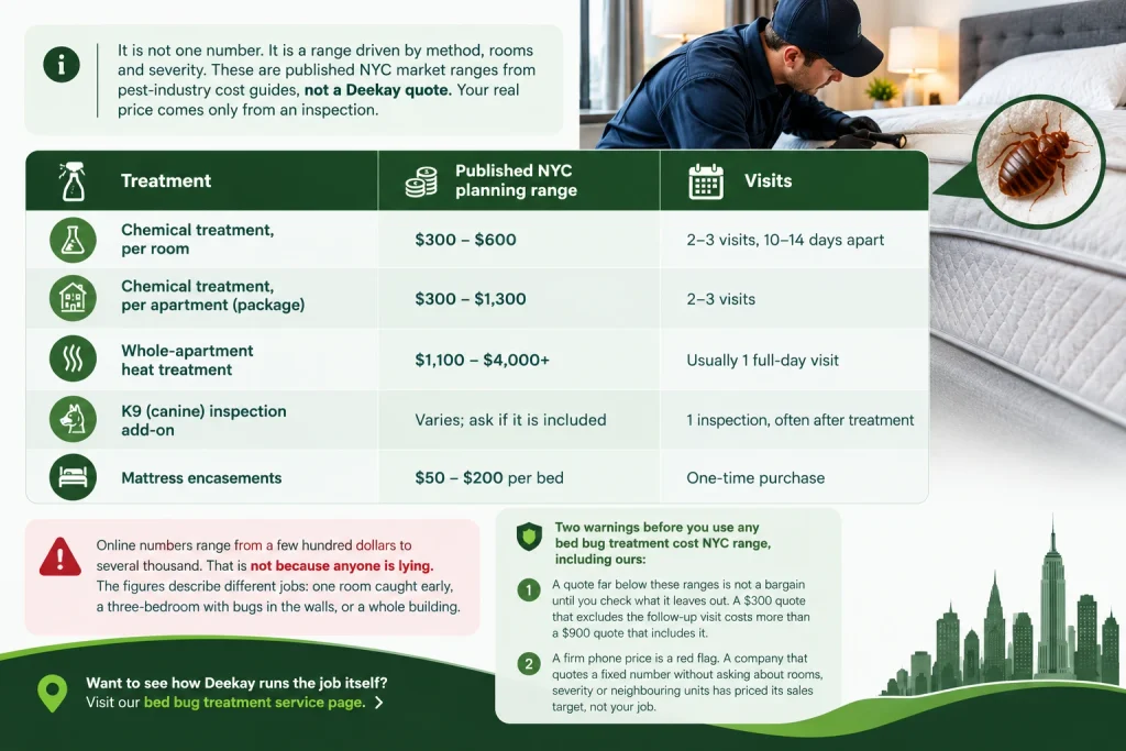 NYC bed bug treatment cost infographic showing published price ranges for chemical treatment